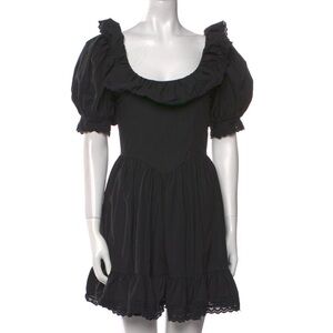 Doen Black Ruffled Puff-Sleeve Mini Dress